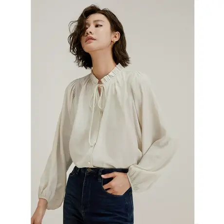 弥古复古木耳边立领衬衣女上衣长袖高级感2025春季女装正肩衬衫商品大图