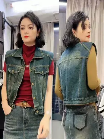 欧货2023夏季新款港风坎肩牛仔马夹女设计感小众无袖马甲短款外套商品大图