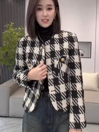 早秋季2023年新款女装爆款千鸟格上衣小香风外套春秋装气质高级感商品大图