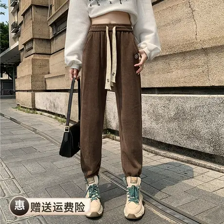 灯芯绒束脚卫裤长裤子女秋冬季新款刺绣笑脸阔腿裤运动风休闲裤图片