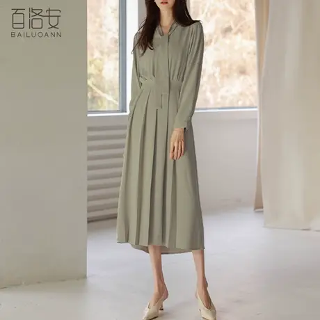 百洛安优雅飘带连衣裙女长裙子春装新款设计感百褶高腰显瘦a字裙图片