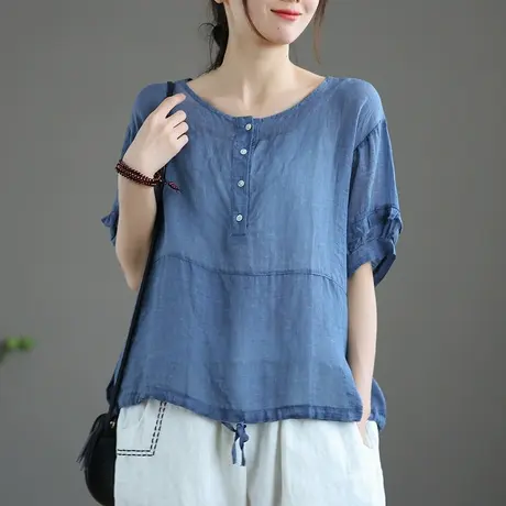 dza 文艺复古短款棉麻上衣女士短袖休闲衬衫薄款夏季新款苎麻衬衣图片