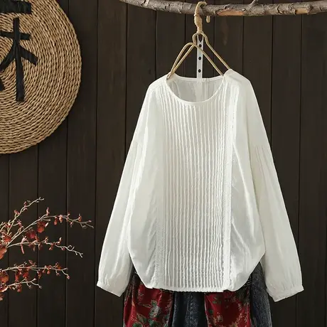 枫谜夏季新款文艺百搭双层棉纱风琴皱简约宽松棉麻女士长袖上衣商品大图