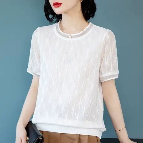 短袖T恤女夏季新款加大码女装宽松网纱洋气减龄上衣女休闲小衫商品大图