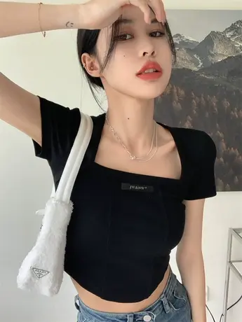 夏季2024新款辣妹修身显瘦鱼骨高腰露脐U领T恤女短款正肩方领上衣商品大图