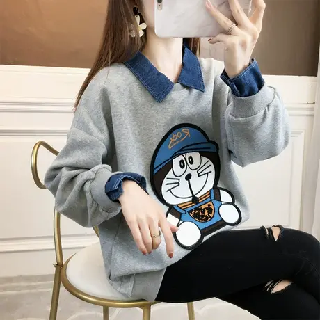 翻领polo衫卫衣女春秋季韩版宽松薄款早春娃娃领假两件上衣外套潮商品大图