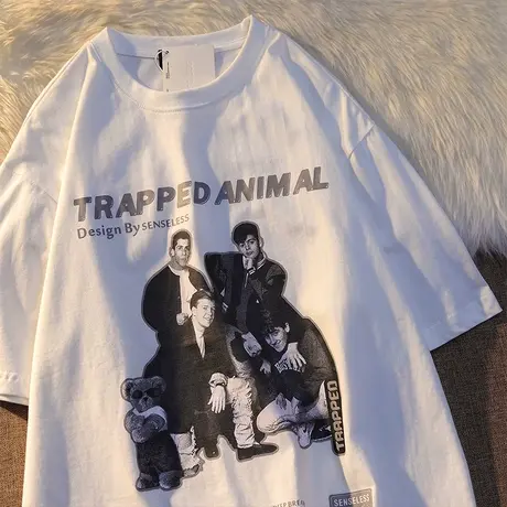 chic黑色ins美式复古超大码斤胖MM宽松2021夏短袖t恤男女情侣装潮商品大图