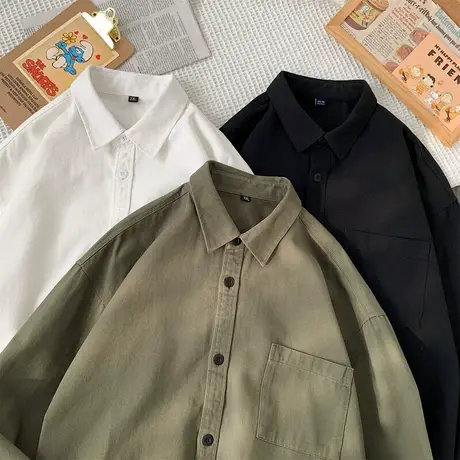 纯棉衬衫长袖男内搭叠穿潮ins日系工装衬衣打底春季大码休闲外套商品大图