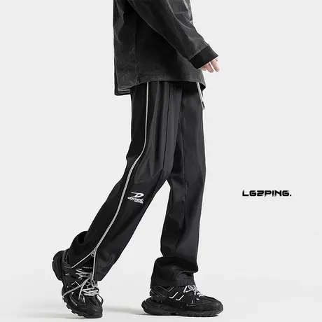 美式修身拉链裤子男秋季高街大码国潮休闲裤宽松直筒百搭速干长裤图片