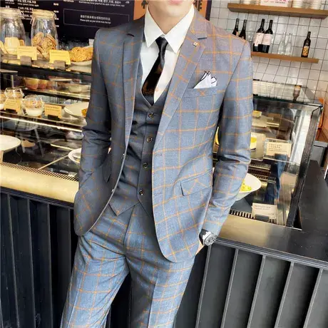 男士西服套装新款学生格子伴郎新郎结婚礼服休闲韩版修身小西装潮图片