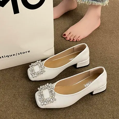 韩版水钻单鞋女方头浅口2024年春季温柔粗跟工作鞋小香风高跟鞋女图片