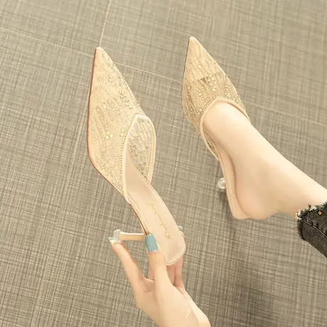 包头半拖鞋女夏季2024新款网纱水钻尖头细跟网红高跟外穿凉拖鞋商品大图