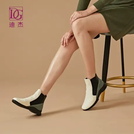 DG真皮切尔西靴女秋冬新款时尚内增高及踝短靴平底英伦风单靴图片