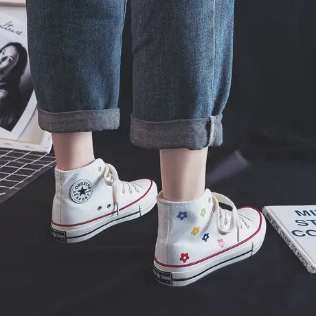 花朵高帮帆布鞋女港味复古网红小白鞋女2020ins板鞋女韩版ulzzang商品大图