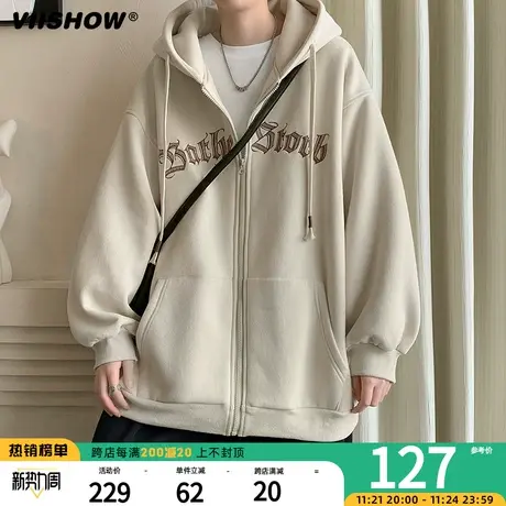 VIISHOW大码秋冬季加绒加厚ins美式刺绣开衫卫衣男生宽松连帽外套商品大图