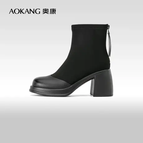 奥康女鞋 冬季新款美拉德及踝弹力瘦瘦靴粗高跟百搭休闲女靴商品大图