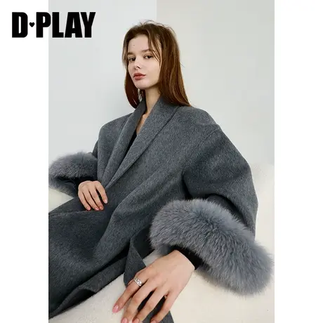 DPLAY冬轻奢灰色可拆卸狐狸毛领双面羊毛呢斗篷大衣外套女图片