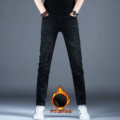 高档3D压印花刺绣牛仔裤加绒男款裤子潮流男士秋冬款小脚修身黑色商品大图