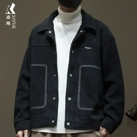 希越美式拼接毛呢外套男冬季新款高级感上衣宽松大码男士翻领夹克商品大图