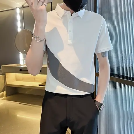 男士撞色POLO衫短袖T恤ins潮牌半截袖2023新款夏季英伦风男装半袖商品大图