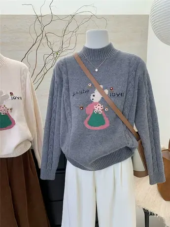 冬季韩国新款可爱兔子提花加厚拼接麻花毛衣针织打底衫女百搭上衣商品大图