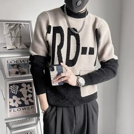 毛衣男冬季2023新款潮流撞色提花口袋设计感保暖个性针织毛线衣商品大图