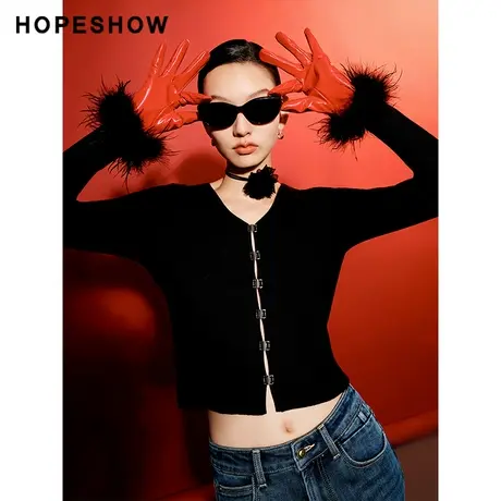 红袖禽鸟毛V领开衫hopeshow2024春新款正肩百搭黑色针织小外套女商品大图