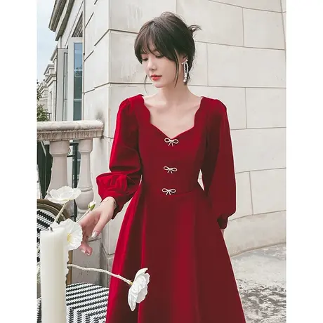 敬酒服新娘小个子秋冬季长袖丝绒红色礼服女订婚回门平时可穿冬天图片