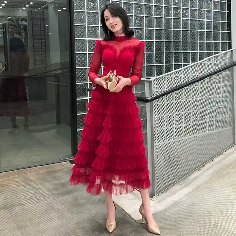 敬酒服新娘2024新款冬季长袖结婚订婚连衣裙礼服女平时可穿酒红色商品大图