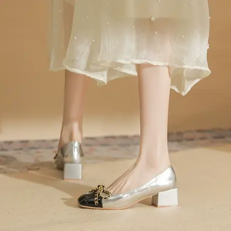 法式粗跟小香风单鞋女2024年新款拼色时尚浅口方头蝴蝶结中跟单鞋图片