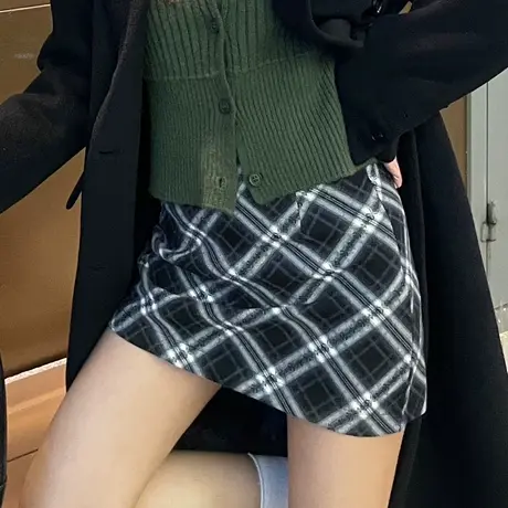 尔给2024早春新款高腰a字格子半身裙女小个子包臀裙美式高腰短裙商品大图