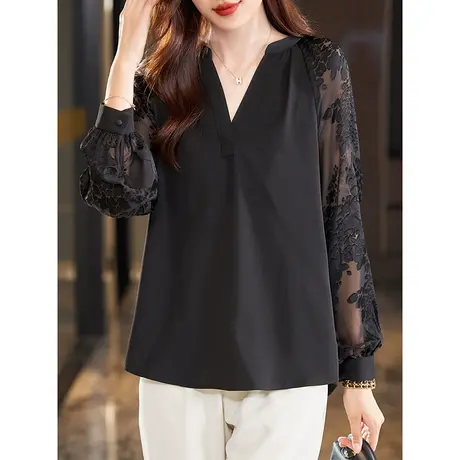 宝诗黎V领拼接长袖雪纺衫女2024年春季新款宽松百搭上衣气质小衫图片