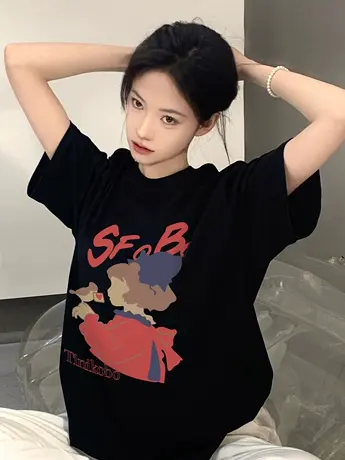 重磅纯棉短袖t恤女夏季2023新款美式复古国潮牌oversize半袖上衣商品大图