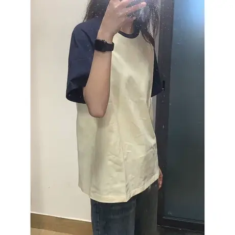 ins超火拼接撞色短袖T恤女夏装百搭宽松显瘦纯棉插肩袖上衣体恤潮图片