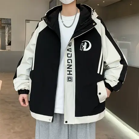工装外套男春秋季新款潮牌拼接连帽夹克男装青少年休闲户外冲锋衣图片