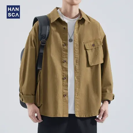 hansca卡其色工装衬衫男士长袖秋季日系复古纯棉宽松休闲开衫外套商品大图