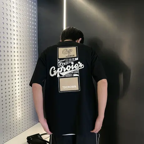 潮牌短袖T恤男夏季宽松刺绣字母上衣半袖潮男痞帅学生体恤半截袖商品大图