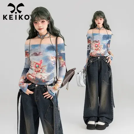 KEIKO 天使印花一字肩长袖t恤女24夏季美式辣妹弹力网纱修身上衣图片