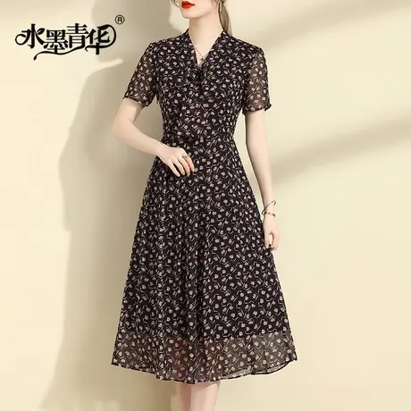水墨青华2024飘带领中长裙子新款夏季时尚乔其印花显瘦短袖连衣裙图片