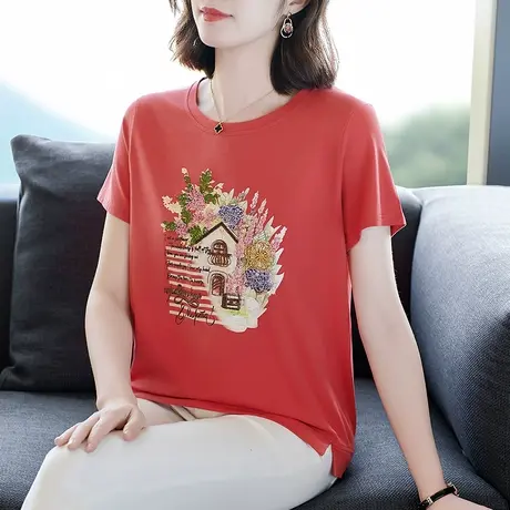 夏季新品短袖体恤衬衫中老年妈妈装重工艺刺绣休闲宽松时尚女装潮图片