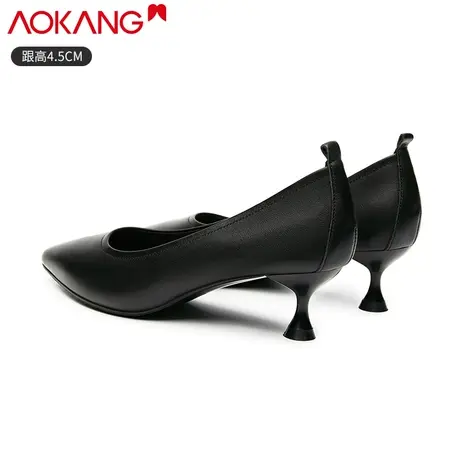 奥康高跟鞋女2021秋季新款真皮软面尖头晚宴酒杯跟牛皮气质女鞋图片
