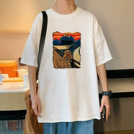 男生短袖t恤潮牌彩绘印花ins宽松夏季纯棉2023新款打底上衣服体恤商品大图