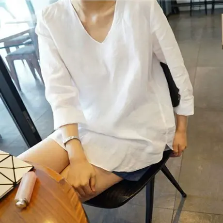 纯诗曼春夏装新款U型领棉麻衬衫女韩版宽松大码套头亚麻休闲衬衣商品大图