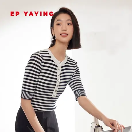EP雅莹女装 拼接设计感条纹醋纤短袖针织衫 2023新款9907A商品大图