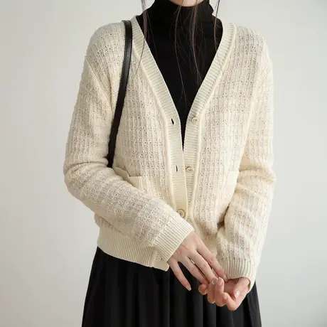 短款v领针织开衫女2023春秋新款长袖毛衣外套温柔风上衣图片