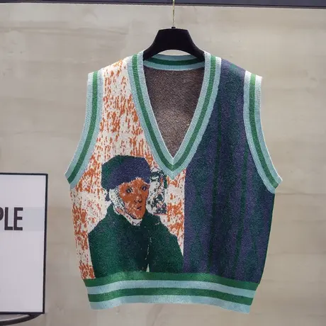 艺术抽象v领针织马甲背心女2023秋装新款宽松外穿马夹毛衣坎肩潮图片