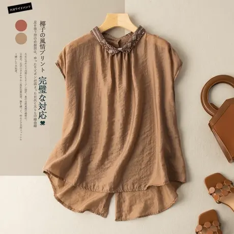 无袖衬衫领棉麻上衣2022春夏新款日系亚麻衬衫设计感小众T恤宽松商品大图