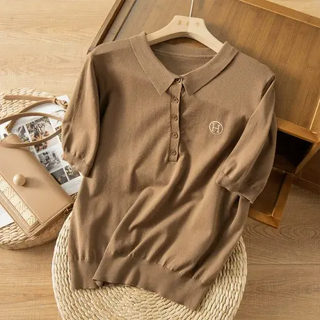 享永子短袖套头针织衫女纯色通勤气质复古港味上衣女2023春夏新款商品大图