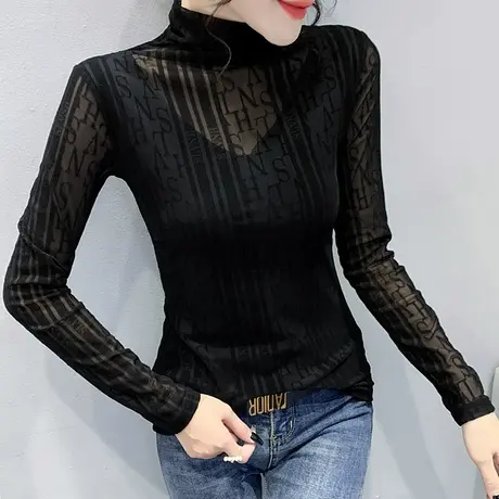 加绒打底衫女秋冬高领加厚长袖T恤紧身内搭小衫修身洋气网纱上衣图片