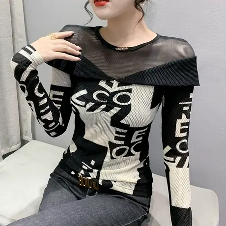 性感网纱拼接打底衫女内搭紧身字母印花上衣春秋气质显瘦T恤长袖商品大图